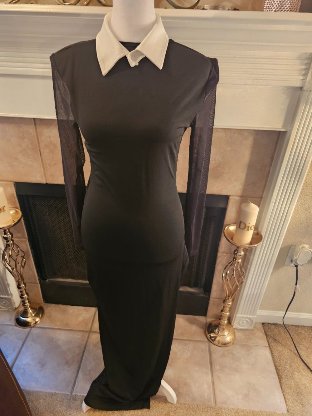 Black Mesh Sleeve Maxi Dress with White Detached Collar | Size Medium | NWOT
